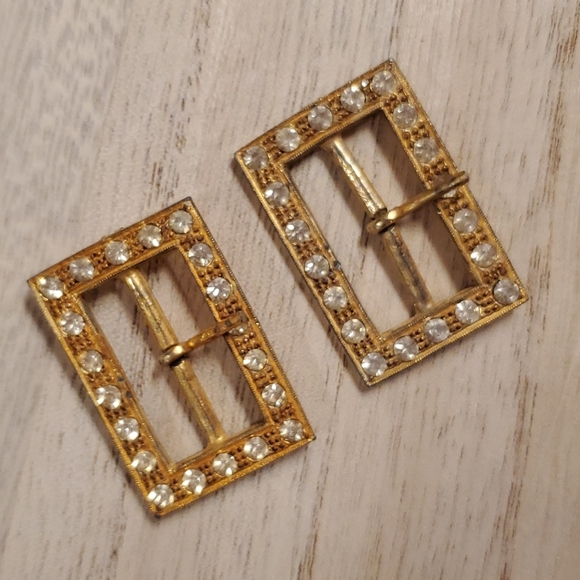 Vintage goldtone clear rhinestone belt  buckles shoe clips retro wicked whimsy - Picture 2 of 5